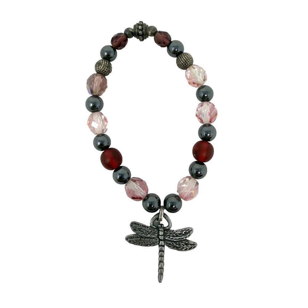 Dragonfly Charm‎ Beaded Stretch Bracelet Pink Red Hematite 7 Inch